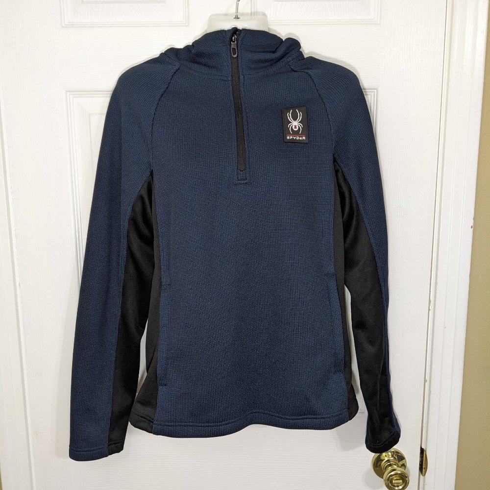 SPYDER Navy & Black 2-Tone Quarter Zip Thermal Hooded Sweatshirt Unisex - size S